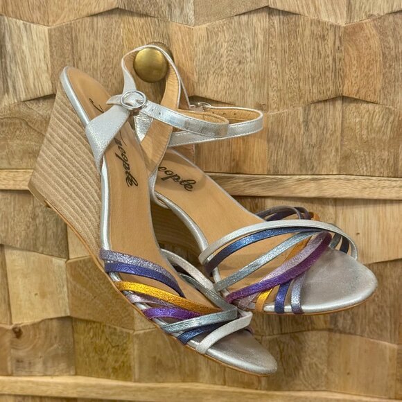 Free People Shoes - Free People Golden Hour Metallic Wedge Heels – Silver/Blue – Size 38, US 8